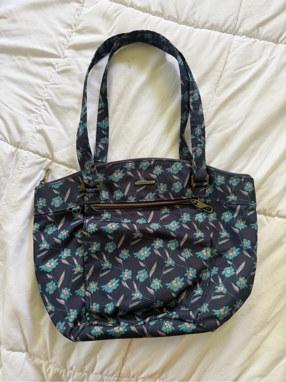 Floral Print Tote Bag - Teal on Navy